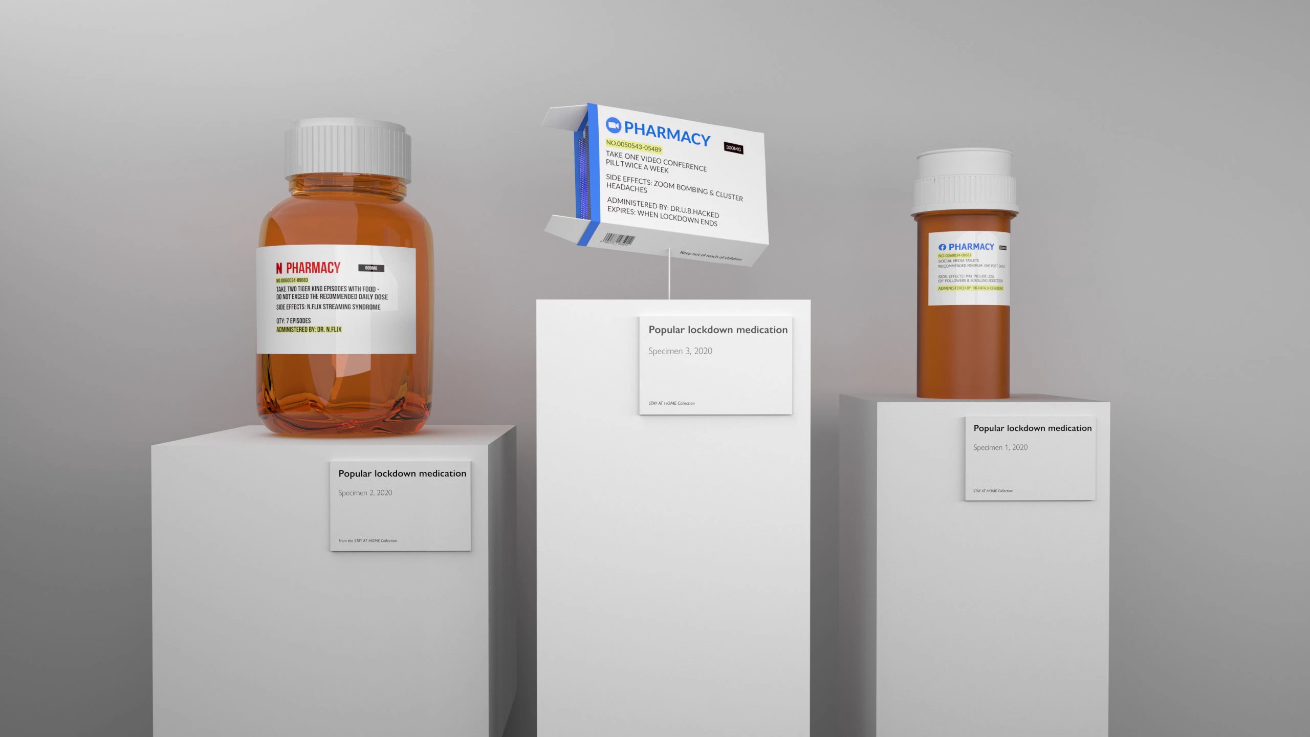 Stay at Home Collection — empty pill bottles on pillars
