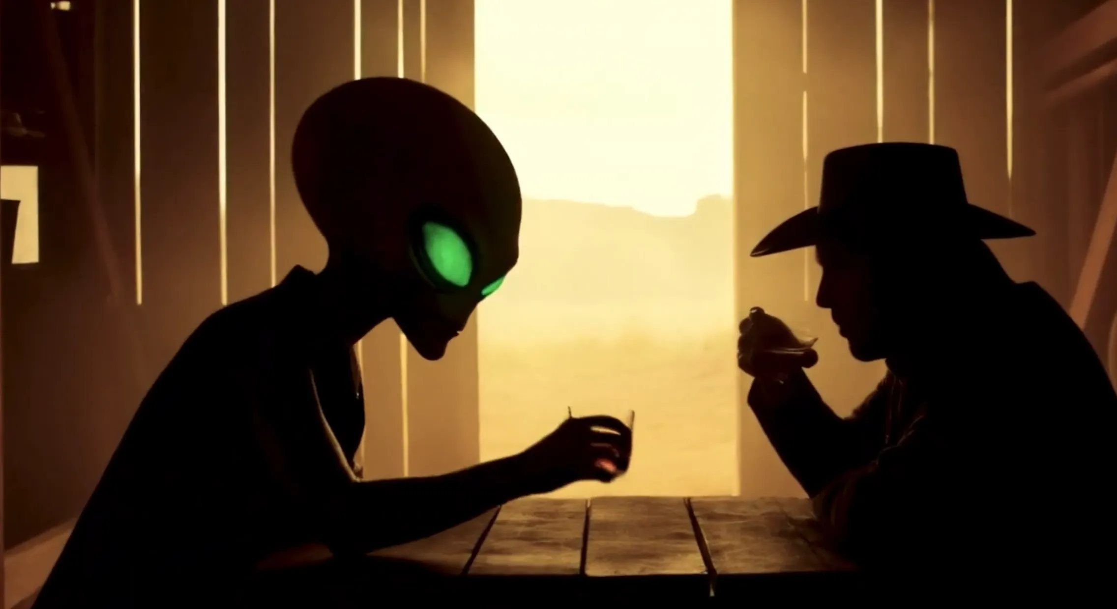 Alien and cowboy face off across the saloon table