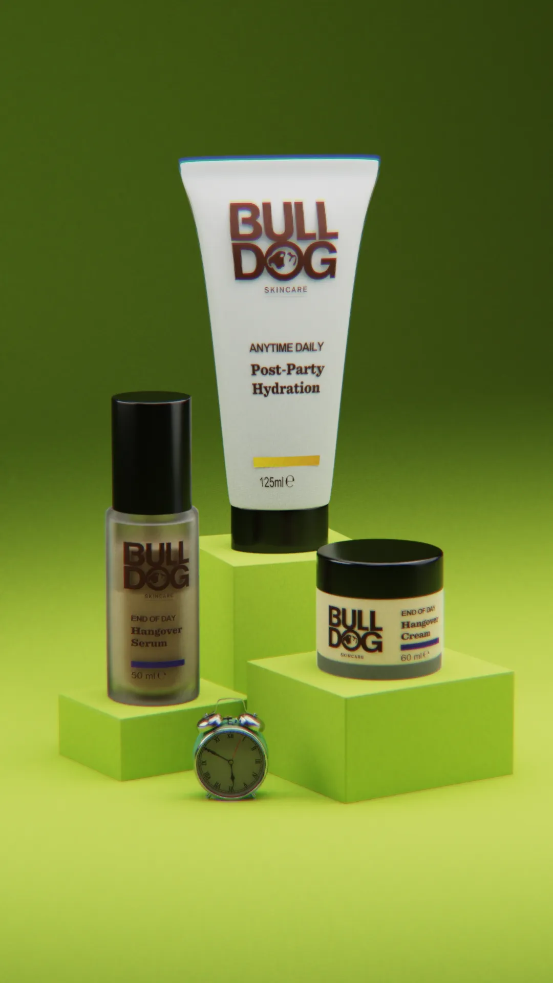 Bull Dog product visualisation — vertical product lineup on green blocks