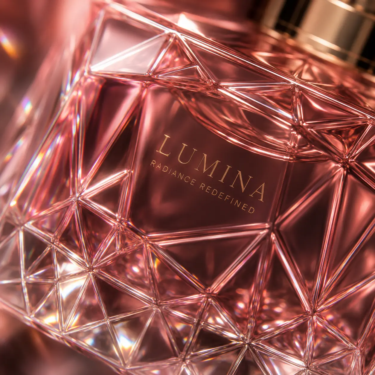 LUMINA crystal still — faceted glass and gold light