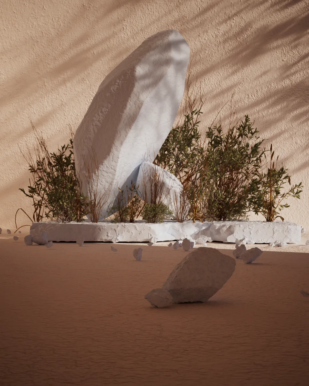 Rock visualisation — front view with shrubs and scattered stones
