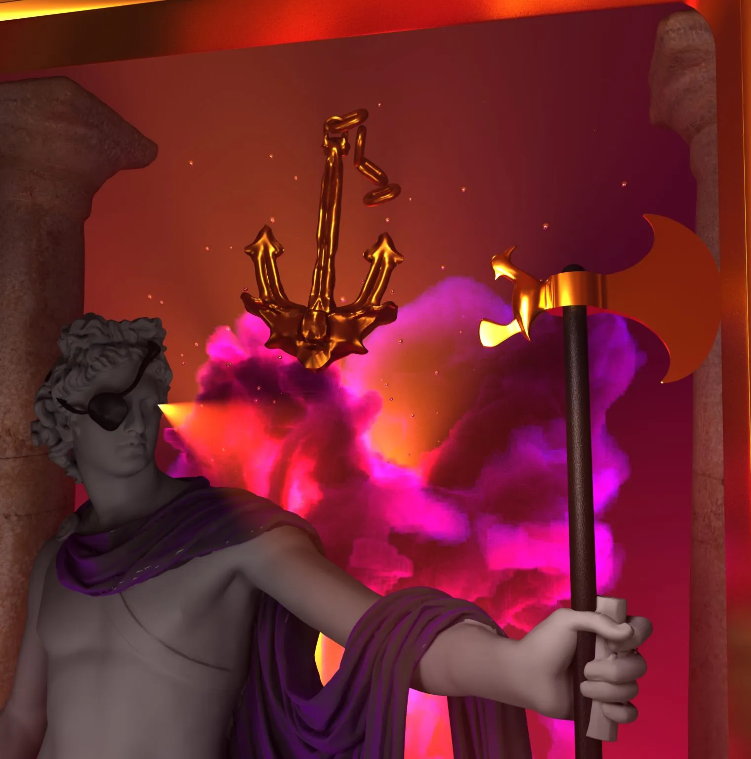 Space Cards — sculpted figure with staff in cosmic light