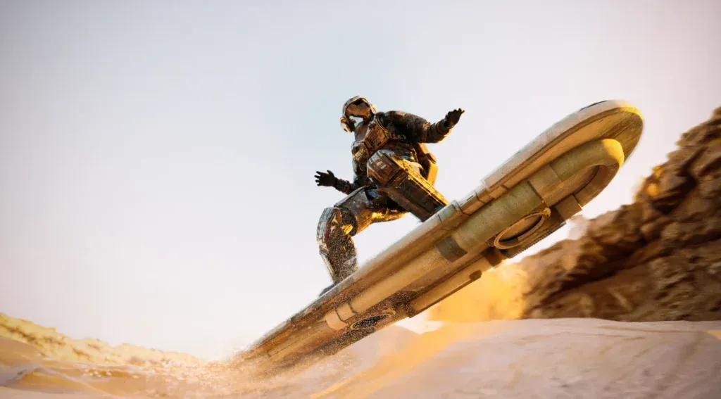 Spaceminer riding a hoverboard in the desert
