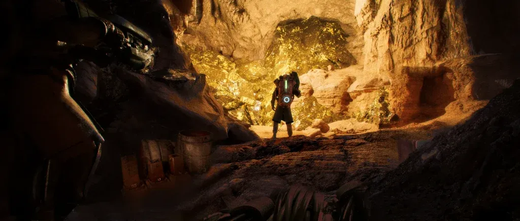 Underground cave gold discovery concept art